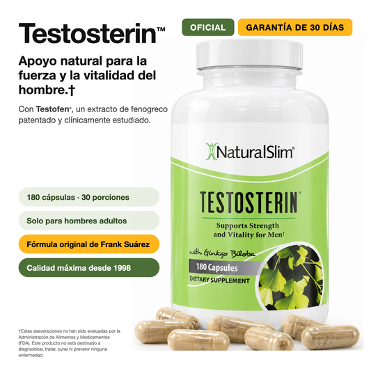 Bote de Testosterin de NaturalSlim, suplemento para hombres con 180 cápsulas y Testofen, con cápsulas al frente y sello oficial.