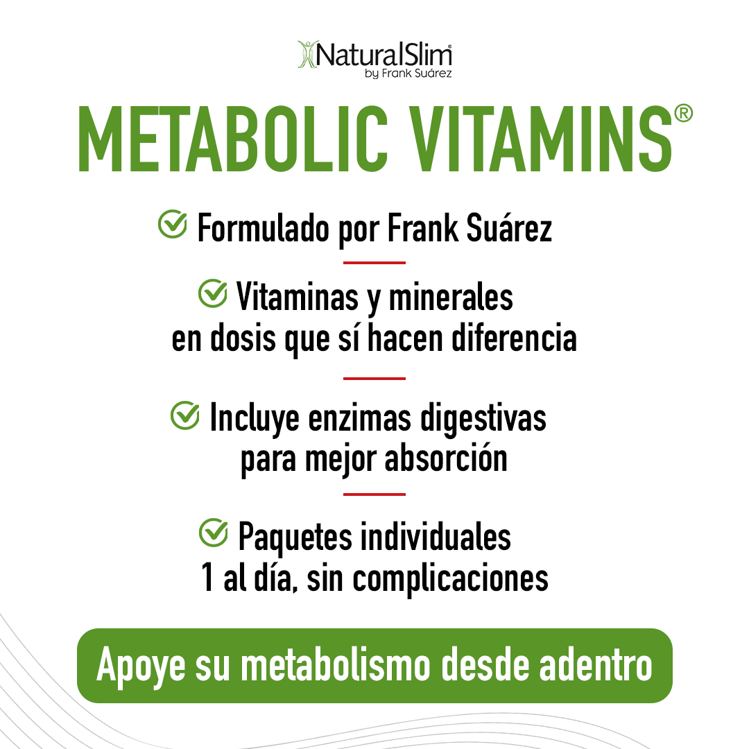 Beneficios de Metabolic Vitamins: formulado por Frank Suárez, dosis potentes, enzimas digestivas y un paquete al día