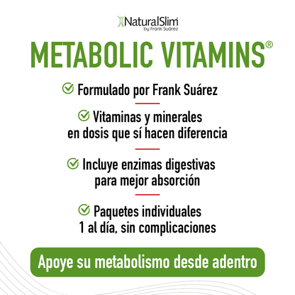 Beneficios de Metabolic Vitamins: formulado por Frank Suárez, dosis potentes, enzimas digestivas y un paquete al día