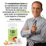 Frank Suárez, especialista en metabolismo, junto al envase de Metabolic Vitamins y su cita sobre el metabolismo lento