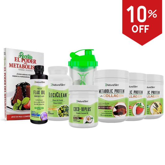 Kit Súper Batida Mañanera Collagen - 3 Batidas Metabolic Protein® Collagen, Coco-10 Plus®, FlaxOil, LeciClean®, Libro de Recetas + Shaker de Regalo | Envío GRATIS - NaturalSlim USA