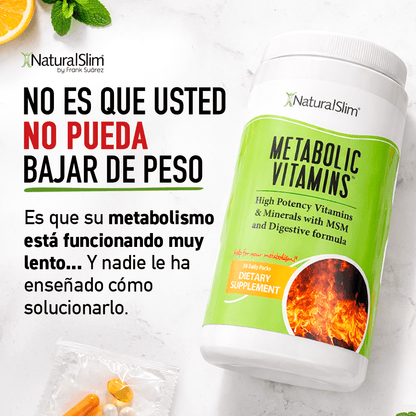 Envase de Metabolic Vitamins con el mensaje: no es que no pueda bajar de peso, su metabolismo funciona muy lento