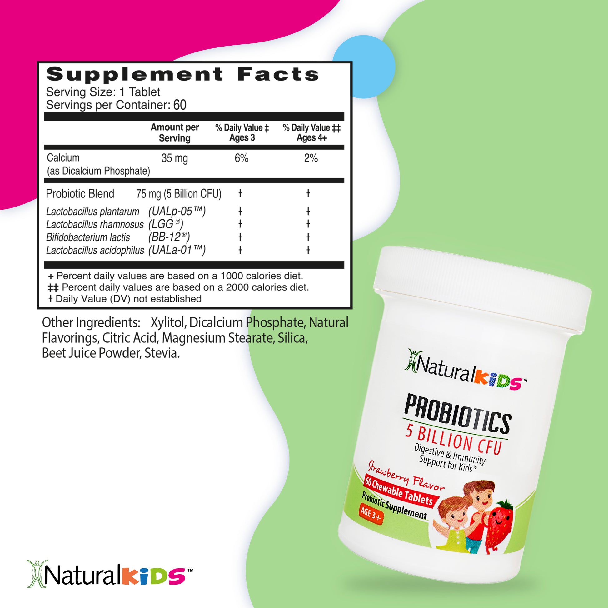 NaturalKids® PROBIOTICS™ Tabletas masticables 5 mil millones de UFC por porción | Probióticos en tableta masticable 60 tabletas masticables | Sabor Fresa - NaturalSlim USA